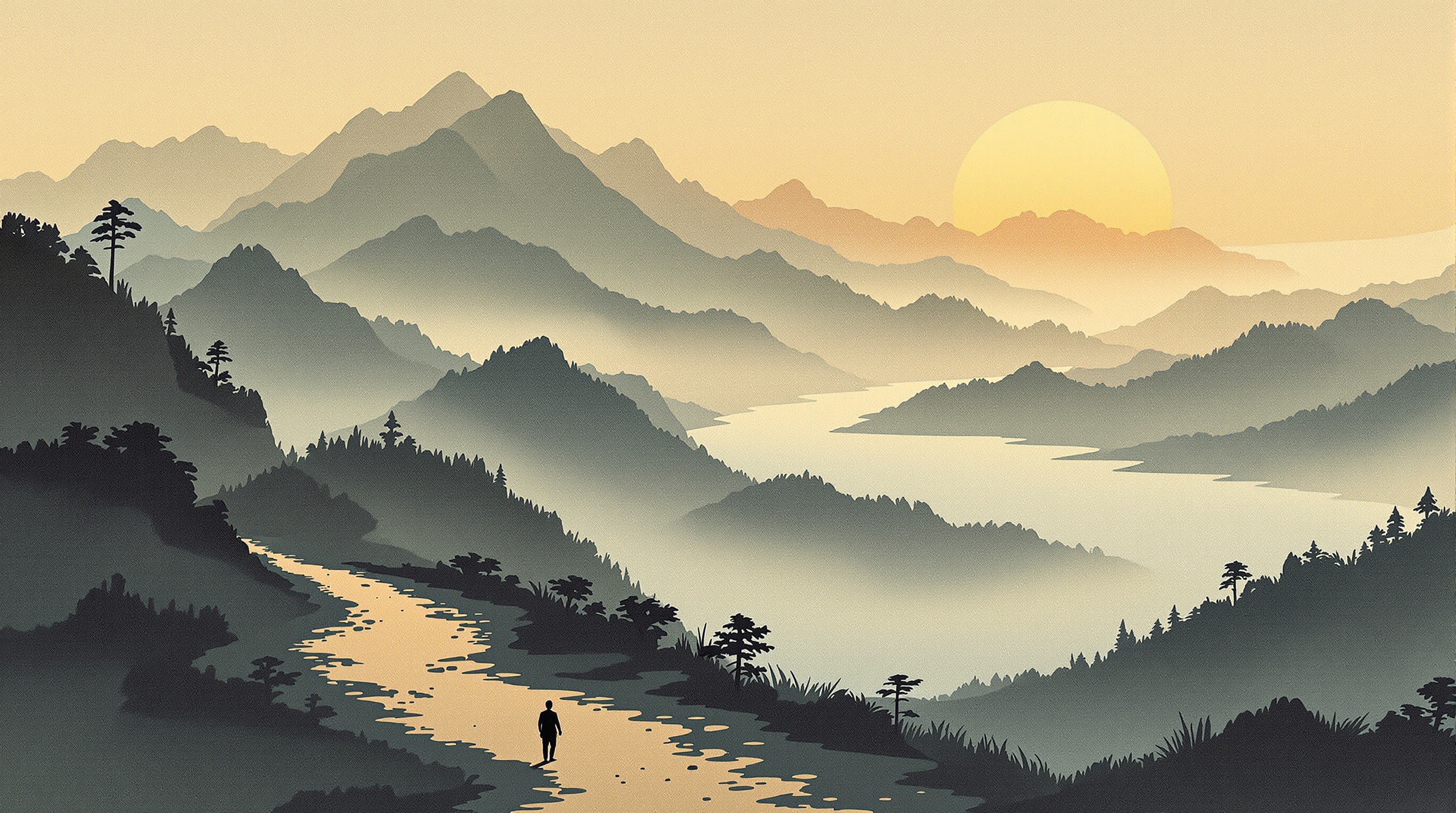 Misty mountain path toward sunrise — the path